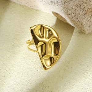 Abstract face relief gold ring in liquid metal style with adjustable open band design