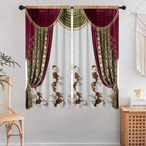 Detailed view of European curtains with velvet texture, tassels and floral embroidery