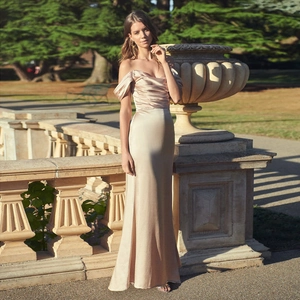 Elegant champagne gold off-the-shoulder satin evening dress with front slit and draped design