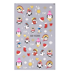 5D embossed Christmas nail art stickers featuring penguins and snowflakes, model 5D-K280