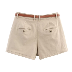 Women's khaki casual cotton shorts with brown belt and buttoned back pockets