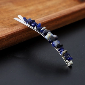 Natural deep blue crystal stone hair clip on elegant metal base for women's gift