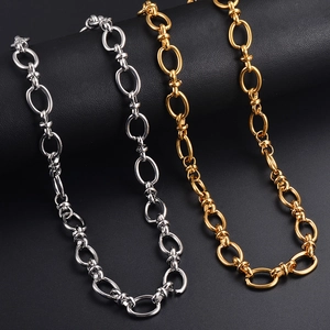 Hip hop oval link chain in gold and silver finish displayed on black leather stand