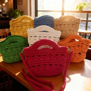 Handmade Crochet Woven Crossbody Bag For Women Cotton Rope Hollow Out Bohemian Style Shoulder Handbag With Braided Strap