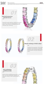 Detail of S925 silver hoop earrings featuring hand-set colorful rainbow cubic zirconia