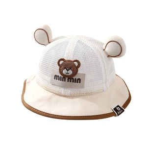 Cute breathable baby sun hat with mesh top and bear patch in beige and brown