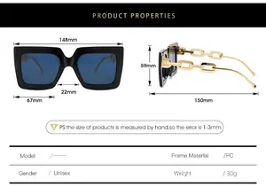 Size chart showing 148mm width and 150mm temple length for oversized Y2K sunglasses