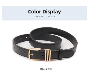 Detailed view of the sleek black PU leather belt featuring a golden rectangular buckle