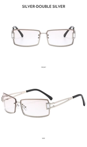 Front and side view of silver rimless square sunglasses with rhinestone temple accents