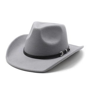 Close-up of grey wool felt cowboy hat with black leather band and silver buckle detail