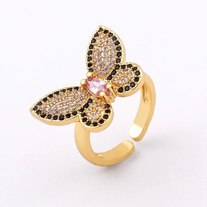 18K gold plated butterfly open ring with black and pink zircon inlay for women