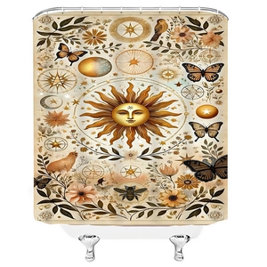 Boho shower curtain with celestial sun, moon, butterfly, and capybara in golden tones