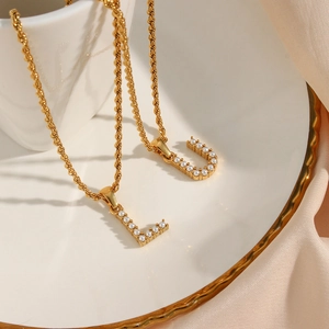 18K gold plated stainless steel twist chain necklace with pearl initial L and U charms