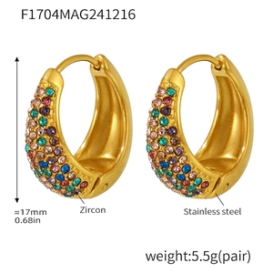 Detail of 17mm gold U-shaped earrings with colorful pave zircon stones and 18K plating