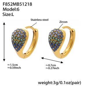 Detailed view of stainless steel huggie earrings with gradient zircon inlays and dimensions