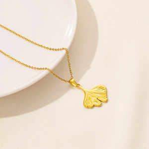 18K gold plated stainless steel ginkgo leaf pendant necklace with fine vein texture
