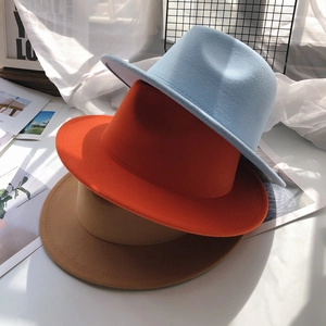 Classic wide brim felt fedora hats in light blue, orange, and camel for men and women