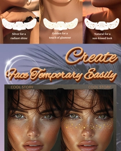 Before and after comparison of silver and gold freckle temporary tattoos for facial makeup