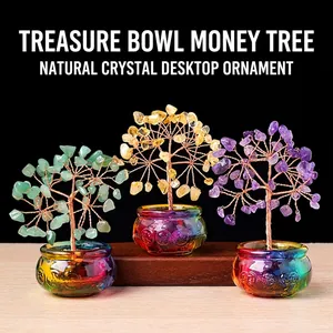 Natural Crystal Money Tree Desktop Decor Gemstone Lucky Tree With Copper Wire Handcrafted Cornucopia Base Office Ornament Gift