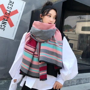 Thick warm striped shawl wrap for women in pink, grey and turquoise knit fabric