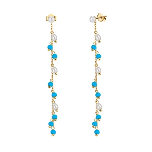 Bohemian tassel drop earrings with turquoise beads and freshwater pearls in gold finish