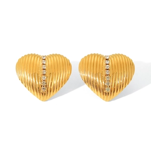 18k gold plated stainless steel heart stud earrings with vertical texture and crystals
