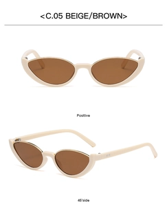 Vista frontale e a 45 gradi di occhiali da sole cat-eye beige con lenti marroni