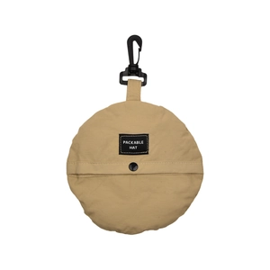 Foldable khaki packable hat storage pouch with black hook and snap button closure