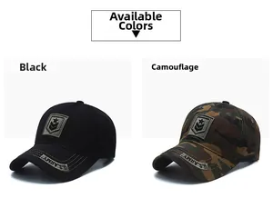 Detail view of tactical baseball caps in black and camouflage with U.S. ARMY embroidery