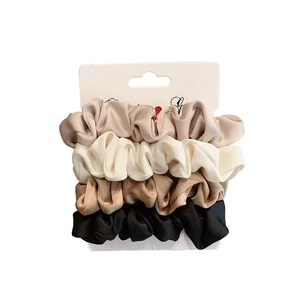 Elegant 4-piece satin hair scrunchies set in champagne, cream, brown and black colors