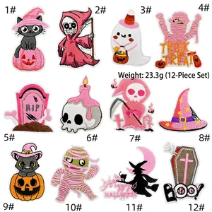 Detailed flat lay of 12 pink Halloween embroidered patches with various festive designs