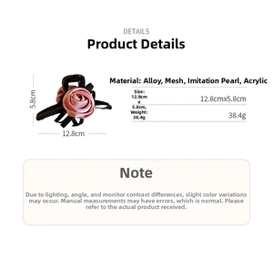 Detailed size chart of pink rose hair claw clip with alloy, pearl and mesh materials