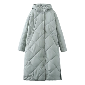 Women's long quilted hooded puffer coat in dusty blue with diamond stitching and snap buttons
