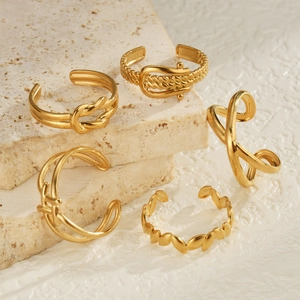 5-piece vintage 14K gold plated irregular open ring set for women in minimalist style