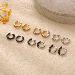 Set of 6 pairs geometric stainless steel hoop earrings in gold, silver and black finishes