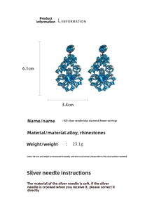 Detailed view of blue crystal flower earrings with 925 silver pins and sizing chart