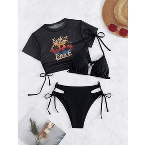 Flat lay of black 3-piece mesh bikini set with Explore the Beach print and drawstring