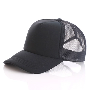 Classic black trucker hat with breathable mesh back and solid foam front panel