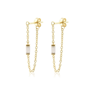 Detail of S925 silver needle drop earrings with rectangular zircon and gold chain tassel