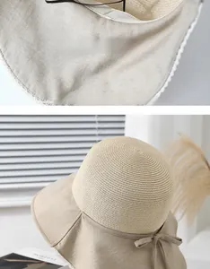 Detail view of adjustable inner drawstring on a beige straw sun hat for women