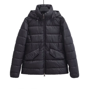 Fashionable black quilted hooded puffer jacket with a zipper closure and side flap pockets