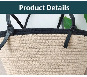 Detail showing beige woven texture with black leather handle and precise knot stitching