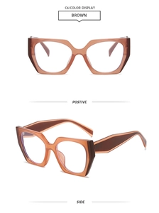 Detail view of stylish square brown TR frame glasses with front and side angles