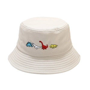 Beige cotton bucket hat with colorful cute cartoon dinosaur embroidery patterns
