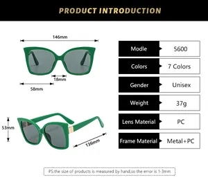 Detailed size specifications for fashionable cat eye sunglasses including lens and frame metrics