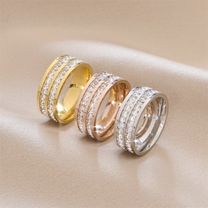 Sparkling wide band zircon rings in gold, rose gold, and silver finishes for women