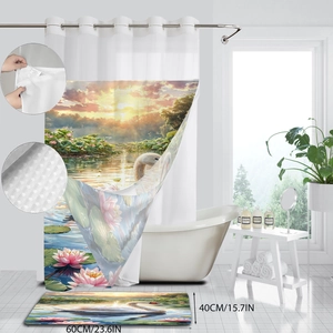 Ensemble rideau de douche gaufré et tapis de bain antidérapant motif cygne et lotus
