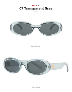 Detail view of oval transparent grey sunglasses with golden metal logo on the temple