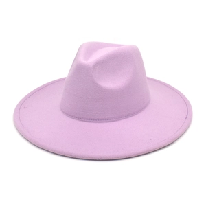 Detailed close-up of lavender wool wide brim fedora hat with premium stitched edges