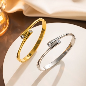 Minimalist Stainless Steel Bangle Bracelet For Women Polished Open Cuff Crisscross Design With Cubic Zirconia